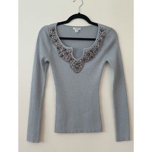 Cache S | Beaded Silver Long Sleeve Top